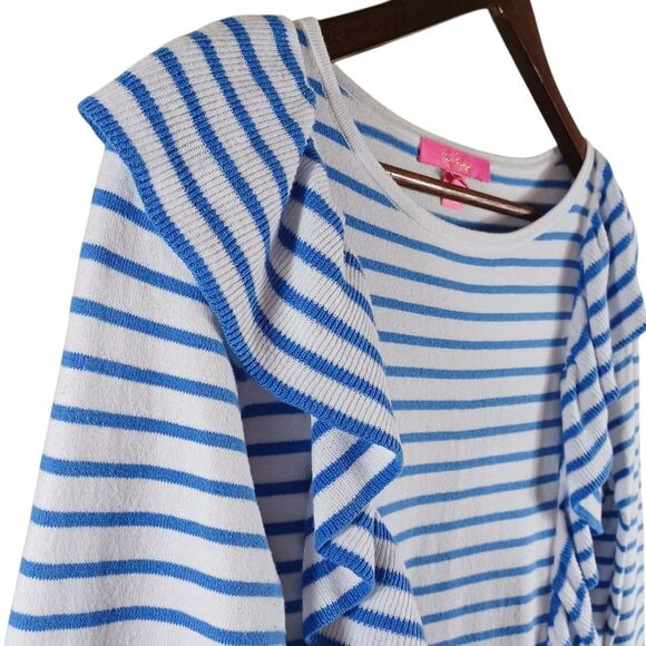 Lilly Pulitzer Top Sz S Blue White Coastal Stripe Ruffle Long Sleeve Preppy Top - Picture 4 of 9